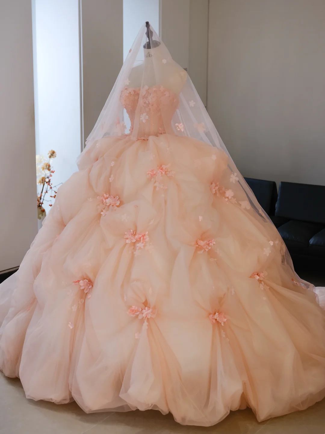 Robe de bal bustier rose poudré en tulle fleuri, longue, idéale pour les 15-16 ans (AB595)