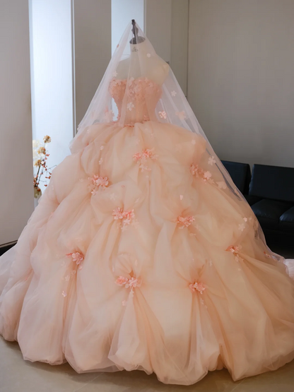 Robe de bal bustier rose poudré en tulle fleuri, longue, idéale pour les 15-16 ans (AB595)