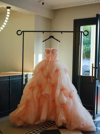 Robe de bal bustier rose poudré en tulle fleuri, longue, idéale pour les 15-16 ans (AB595)