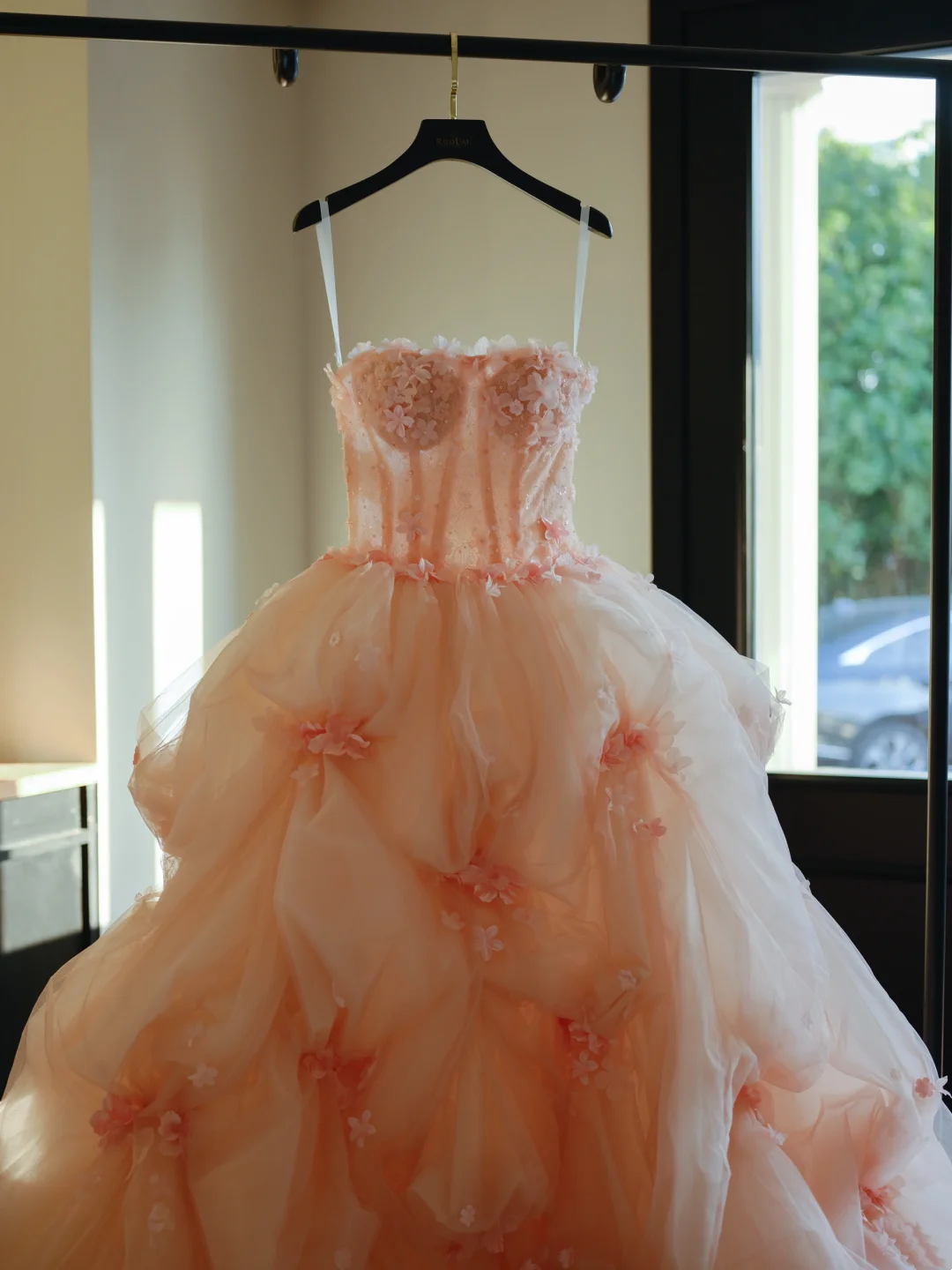 Robe de bal bustier rose poudré en tulle fleuri, longue, idéale pour les 15-16 ans (AB595)