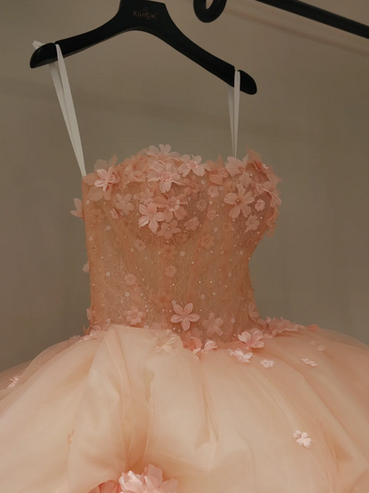 Robe de bal bustier rose poudré en tulle fleuri, longue, idéale pour les 15-16 ans (AB595)