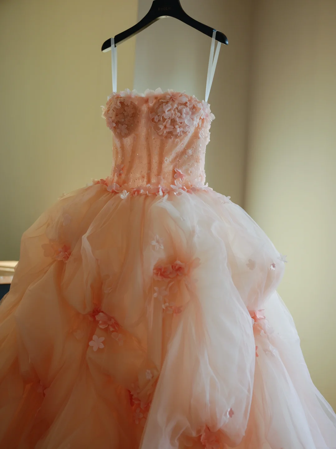 Robe de bal bustier rose poudré en tulle fleuri, longue, idéale pour les 15-16 ans (AB595)