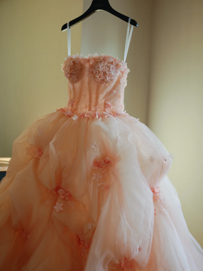 Robe de bal bustier rose poudré en tulle fleuri, longue, idéale pour les 15-16 ans (AB595)