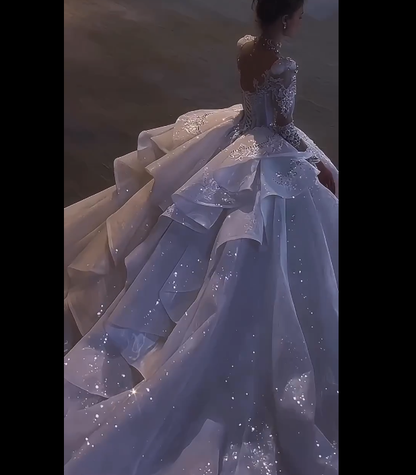Ethereal Ball Gown Square Neck White Fitted Corset Long Sleeve Sequins Wedding Dress Bride Gowns Wedding Dresses RB2069