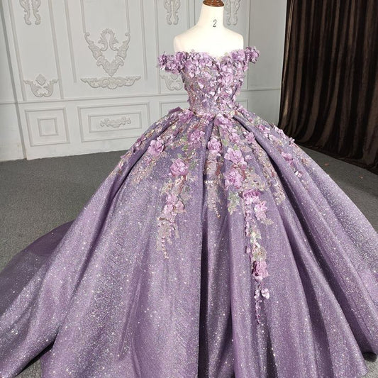 Charming Ball Gown Off The Shoulder Light Grape Flowers Sequin Long Quinceanera Dress Sweet 15 16 Dresses RB2083