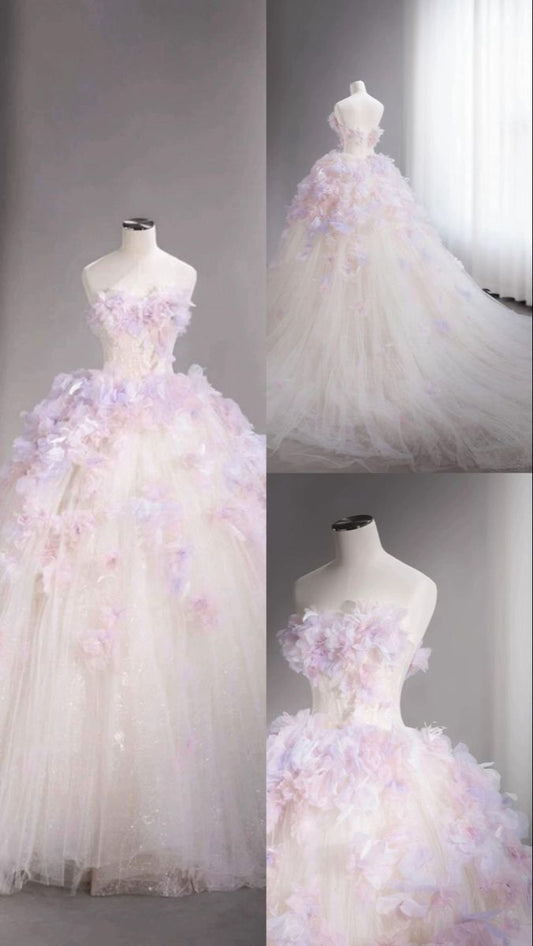 Charming Ball Gown Strapless Light Lilac Tulle Flowers Long Quinceanera Dress Sweet 15 16 Dresses RB2086