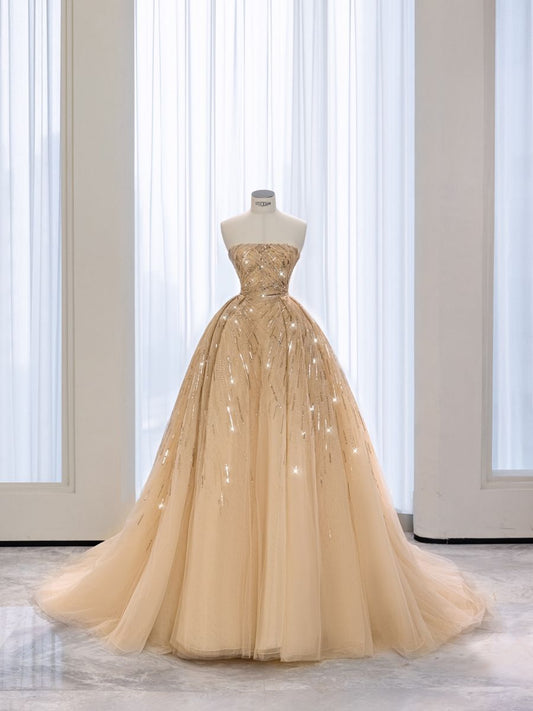 Charming Ball Gown Strapless Champagne Tulle Long Quinceanera Dress Sweet 15 16 Dresses RB2087