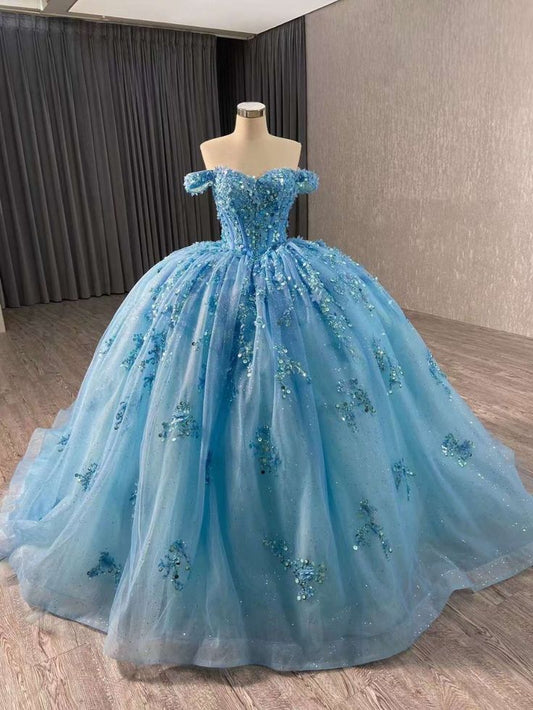 Beautiful Ball Gown Off The Shoulder Blue Flowers Sequins Long Quinceanera Dress Sweet 15 16 Dresses RB2088