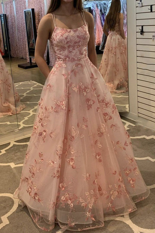 Schlichtes Ballkleid mit Spaghettiträgern, Tüllspitze in Blush Pink, langes Ballkleid, Inspiration, formelles Kleid RB2099
