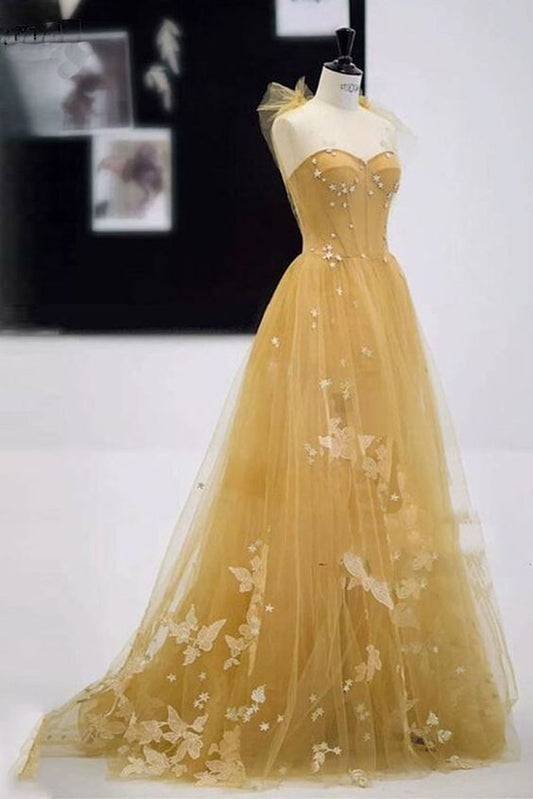 Beautiful A line Sweetheart Yellow Tulle Prom Dresses For Teens Formal Dress Party Outfits Prom Gown RB2106