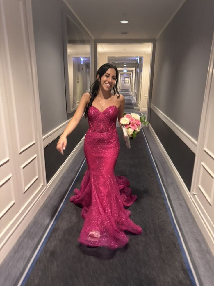 Unique Mermaid Strapless Hot Pink Sequin Prom Dresses For Teens Formal Dress Party Outfits Prom Gown RB2115