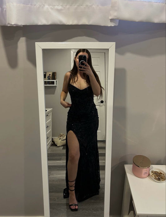 Sexy Mermaid Spaghetti Straps Black Sequin Slit Prom Dresses For Teens Formal Dress Party Outfits Prom Gown RB2120