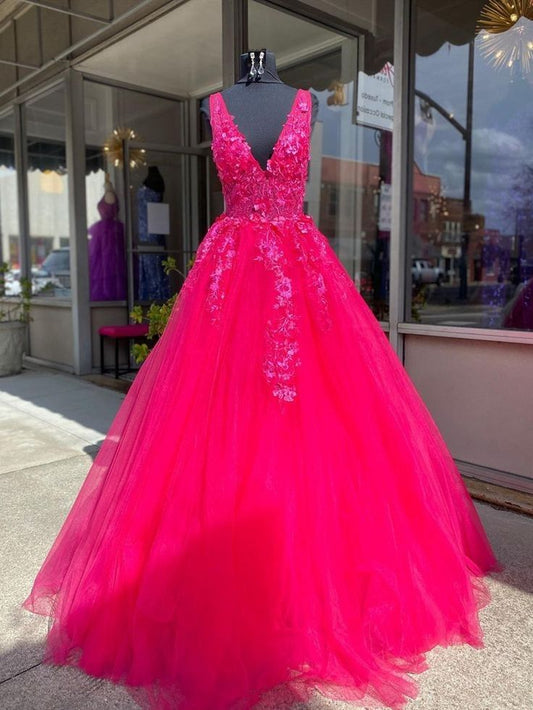 Bescheidenes Ballkleid mit V-Ausschnitt, Pink, Tüll, Ballkleider für Teenager, formelle Kleidung, Party-Outfits, Ballkleider RB2124