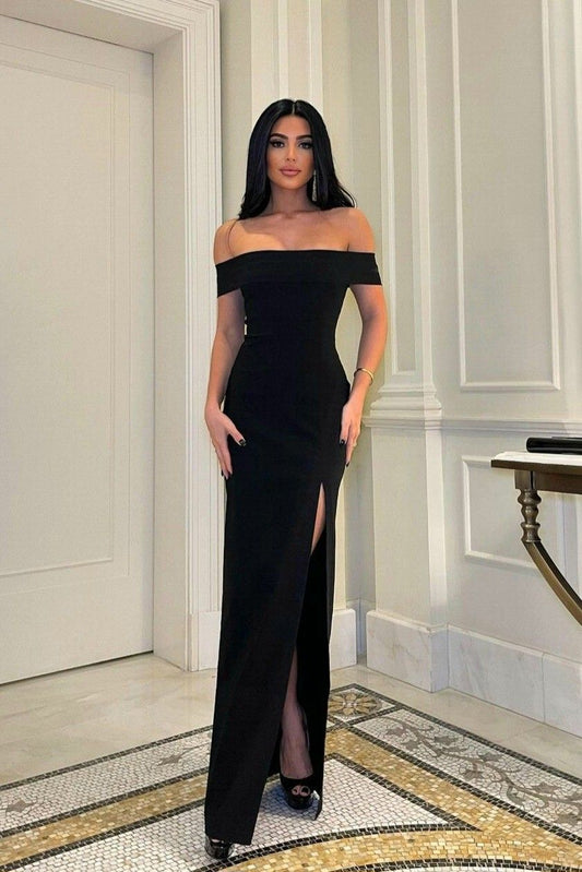 Sexy Mermaid Off The Shoulder Black Slit Prom Dresses For Teens Formal Dress Party Outfits Prom Gown RB2131