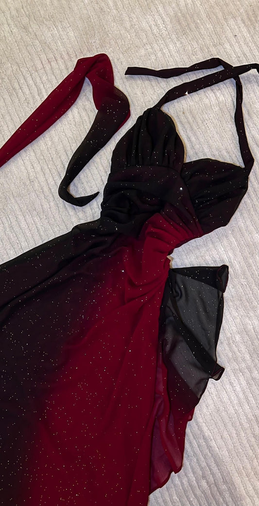 Robe de bal vintage fourreau dos nu en mousseline de soie rouge bordeaux ombré pour adolescentes, tenue de soirée formelle, RB2135