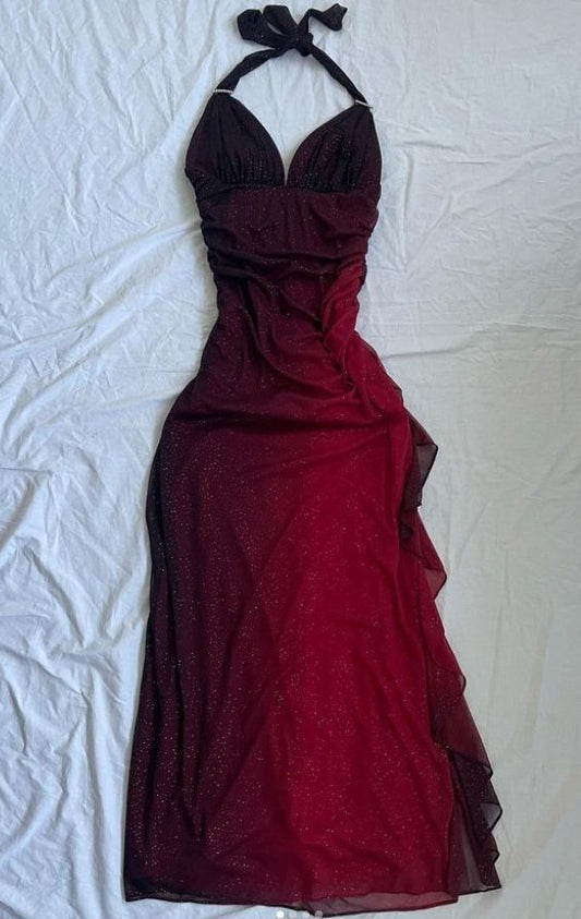 Robe de bal vintage fourreau dos nu en mousseline de soie rouge bordeaux ombré pour adolescentes, tenue de soirée formelle, RB2135
