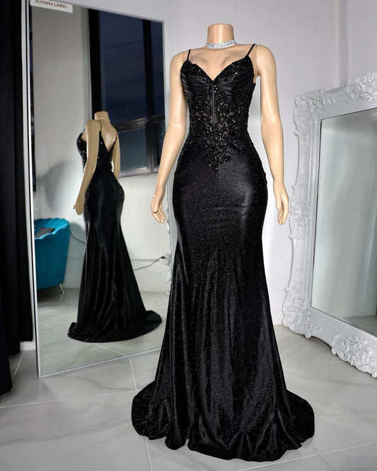 Charmante robe de bal sirène noire à bretelles spaghetti et paillettes pour adolescentes, tenue de soirée formelle, robe de bal RB2143