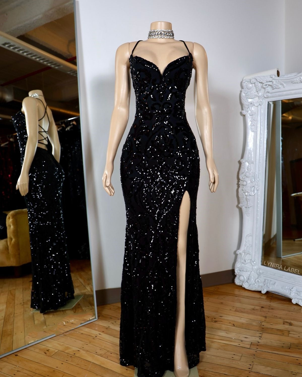 Sexy Mermaid Spaghetti Straps Black Sequin Slit Prom Dresses Formal Dress 18th Birthday Outfits Prom Gown RA074