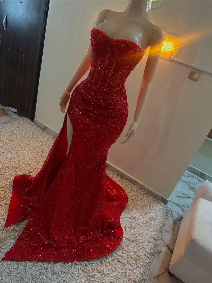 Shining Mermaid Sweetheart Red Slit Sequin Prom Dresses For Teens Formal Dress Party Outfits Prom Gown RB2154