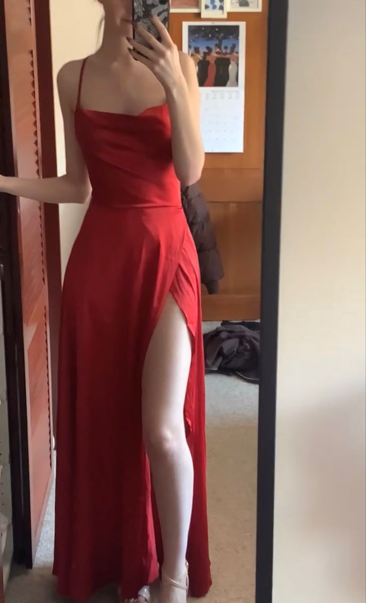 Sexy A Line Spaghetti Straps Red Slit Prom Dresses For Teens Formal Dress Party Outfits Prom Gown RB2160