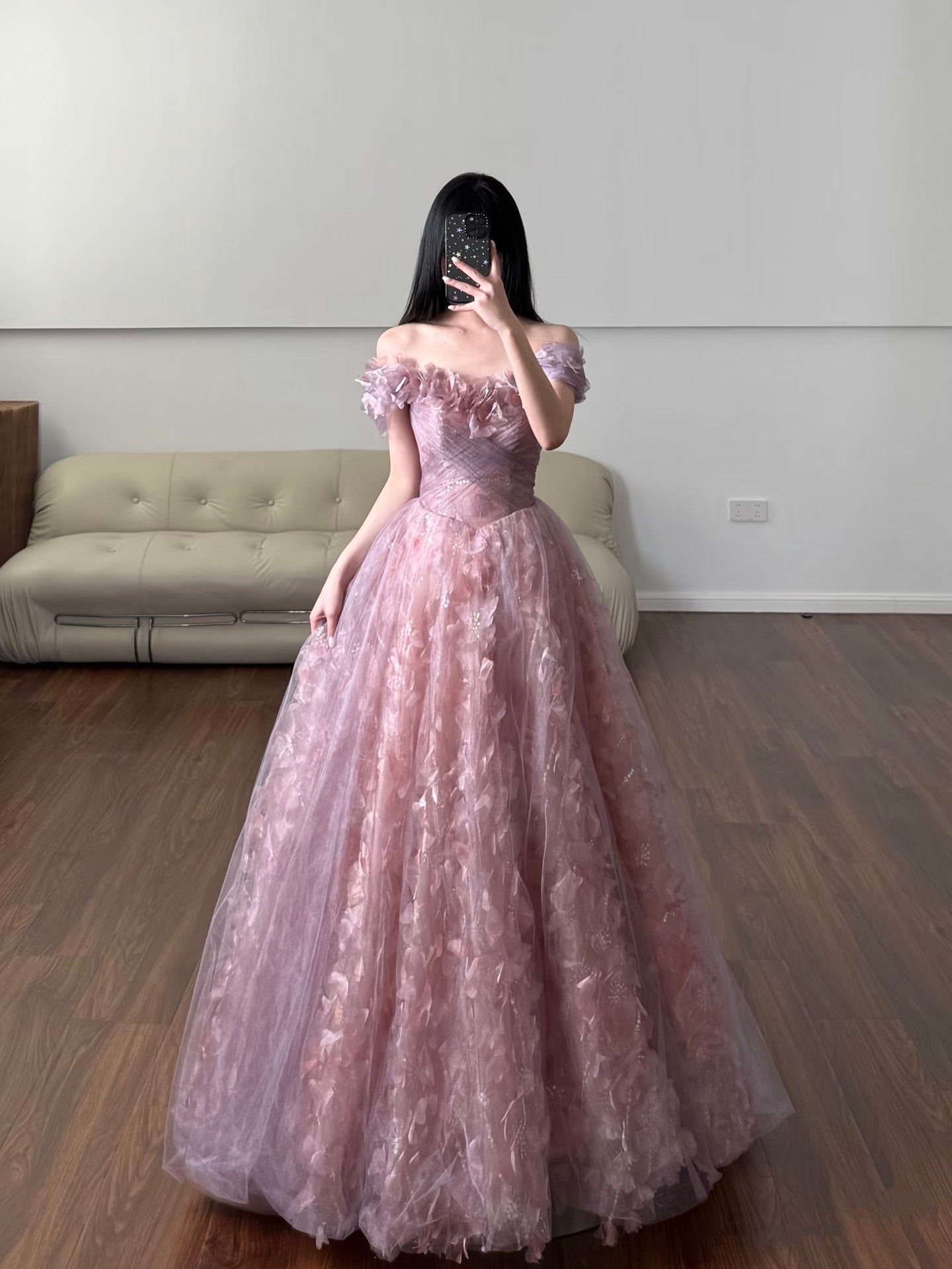 Einzigartiges Ballkleid aus schulterfreiem Tüll mit Spitze in Rosa, Inspiration für Ballkleider, langes Partykleid, Geburtstagsoutfits, Abschlusskleid RB2161