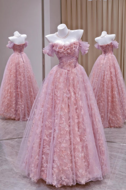 Einzigartiges Ballkleid aus schulterfreiem Tüll mit Spitze in Rosa, Inspiration für Ballkleider, langes Partykleid, Geburtstagsoutfits, Abschlusskleid RB2161