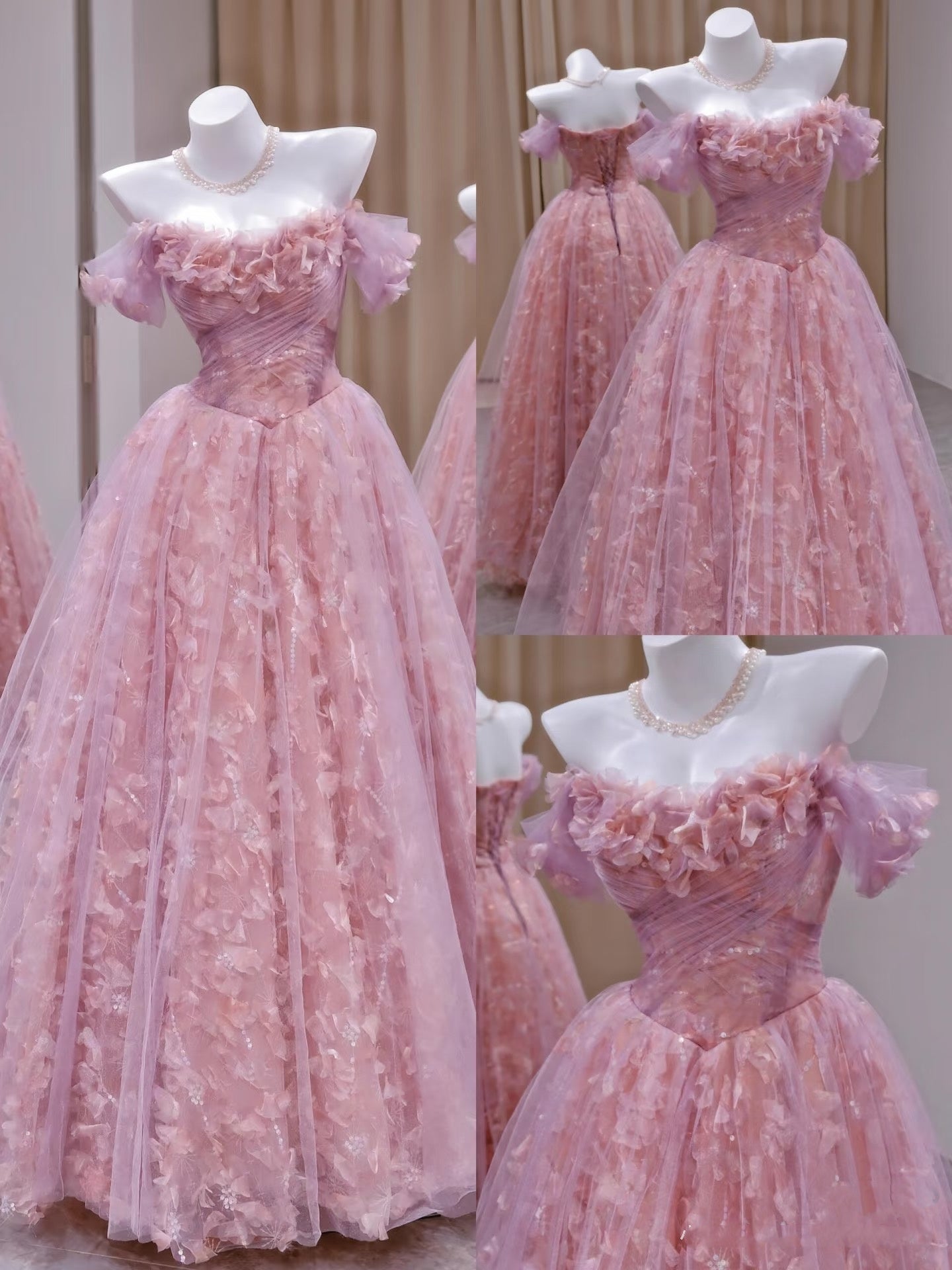 Einzigartiges Ballkleid aus schulterfreiem Tüll mit Spitze in Rosa, Inspiration für Ballkleider, langes Partykleid, Geburtstagsoutfits, Abschlusskleid RB2161
