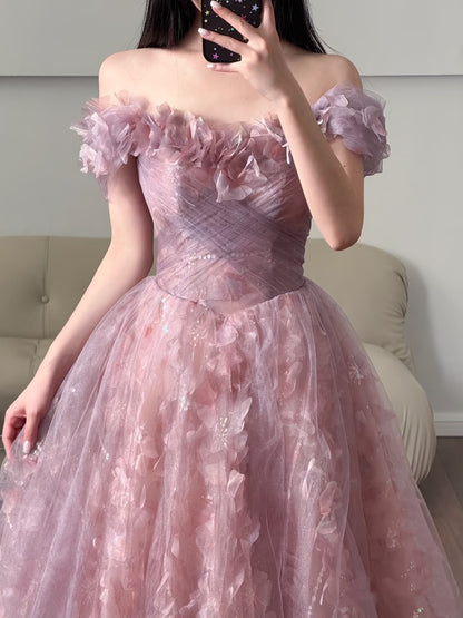 Einzigartiges Ballkleid aus schulterfreiem Tüll mit Spitze in Rosa, Inspiration für Ballkleider, langes Partykleid, Geburtstagsoutfits, Abschlusskleid RB2161