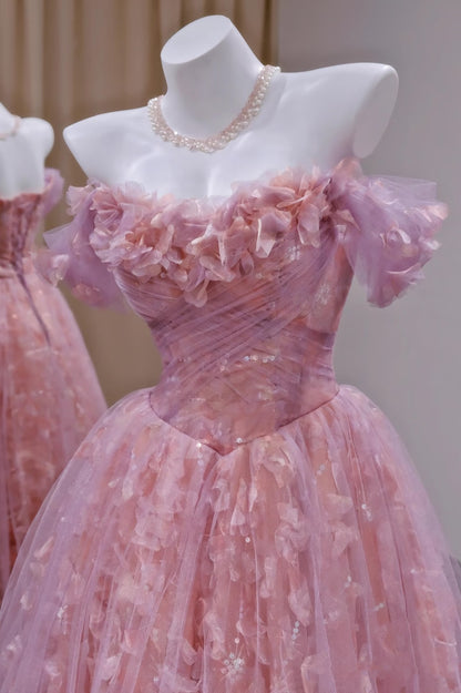 Einzigartiges Ballkleid aus schulterfreiem Tüll mit Spitze in Rosa, Inspiration für Ballkleider, langes Partykleid, Geburtstagsoutfits, Abschlusskleid RB2161