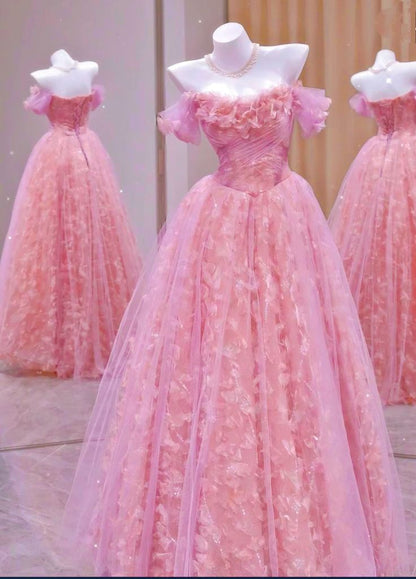 Einzigartiges Ballkleid aus schulterfreiem Tüll mit Spitze in Rosa, Inspiration für Ballkleider, langes Partykleid, Geburtstagsoutfits, Abschlusskleid RB2161