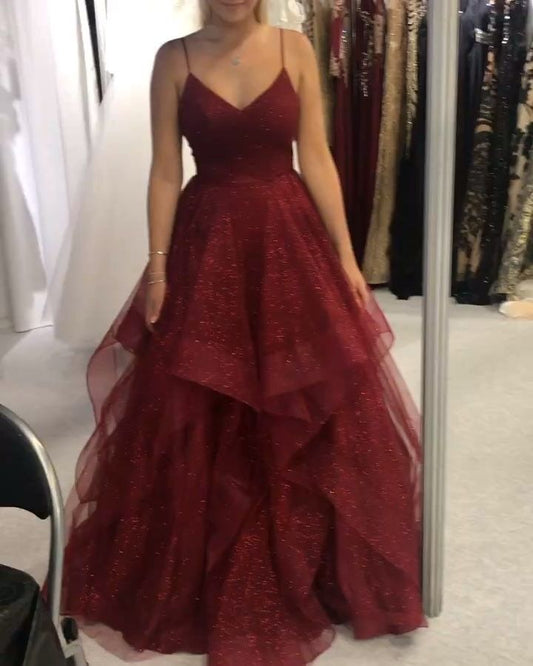 Edles Ballkleid mit Spaghettiträgern, Burgunderrot, Tüll, Ballkleider, Inspiration für Teenager, formelle Kleidung, Party-Outfits, Ballkleider RB2166