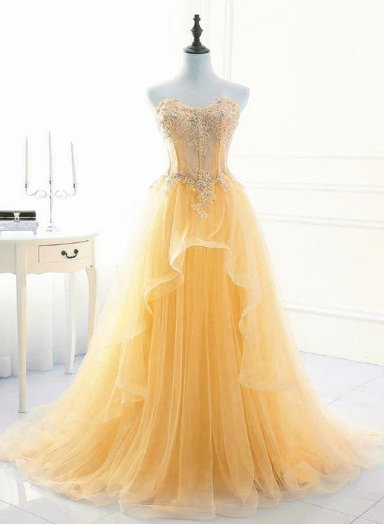 Edles Ballkleid mit herzförmigem Ausschnitt und gelbem Tüll, Inspiration für Teenager, formelle Kleidung, Party-Outfits, Ballkleider RB2181