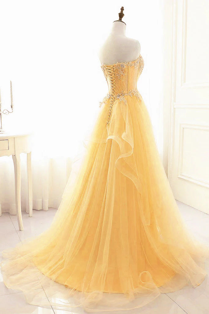 Edles Ballkleid mit herzförmigem Ausschnitt und gelbem Tüll, Inspiration für Teenager, formelle Kleidung, Party-Outfits, Ballkleider RB2181