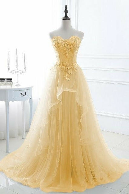Edles Ballkleid mit herzförmigem Ausschnitt und gelbem Tüll, Inspiration für Teenager, formelle Kleidung, Party-Outfits, Ballkleider RB2181