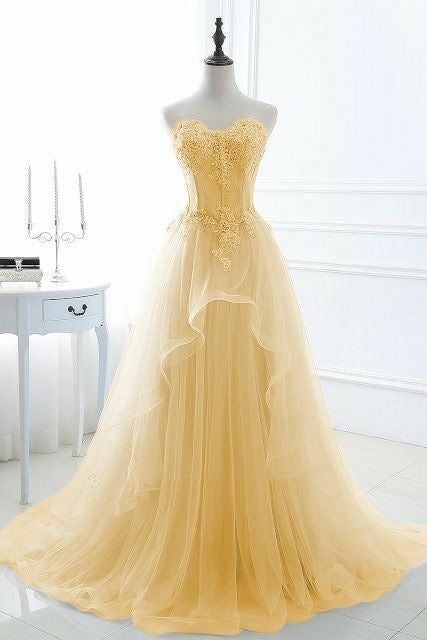 Edles Ballkleid mit herzförmigem Ausschnitt und gelbem Tüll, Inspiration für Teenager, formelle Kleidung, Party-Outfits, Ballkleider RB2181
