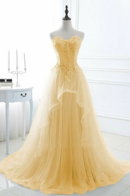 Edles Ballkleid mit herzförmigem Ausschnitt und gelbem Tüll, Inspiration für Teenager, formelle Kleidung, Party-Outfits, Ballkleider RB2181