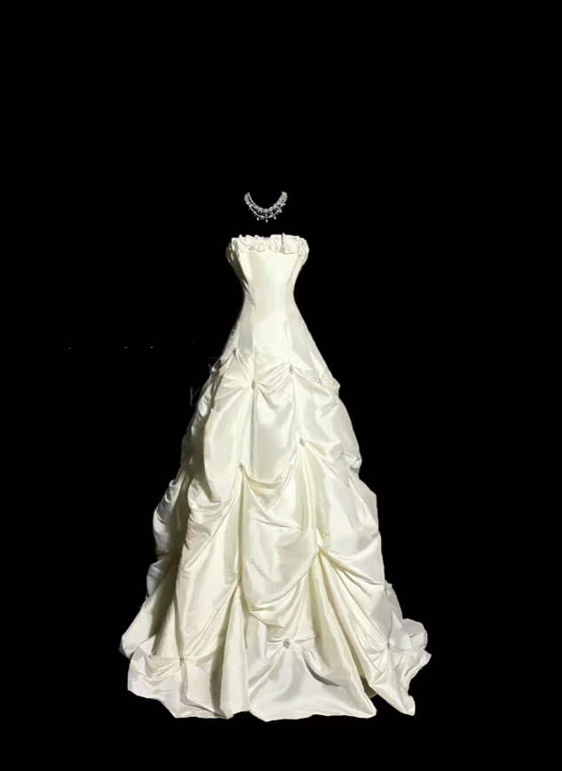 Einzigartige Brautkleider Ballkleid Trägerlos Elfenbein Mit Rüschen Perlen Besticktes Langes Brautkleid N3426