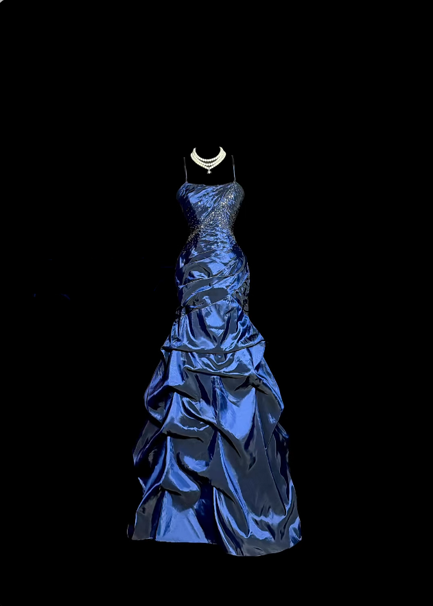Belles Robes de Bal Bleu Marine en Taffetas avec Bretelles Spaghetti et Perles, Longues Tenues de Soirée N3428