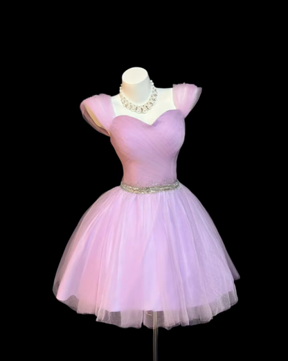 Cute Ball Gown Sweetheart Lilac With Silver Beaded Tulle Mini Senior Inspo Short Party Outfits Formal Homecoming Dresses RB3078