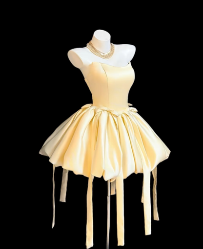 Jolie robe de bal bustier en satin jaune pour femmes, jeunes filles, adolescentes, inspiration remise des diplômes, tenues courtes pour 15e anniversaire, robes de retour à la maison RB3106