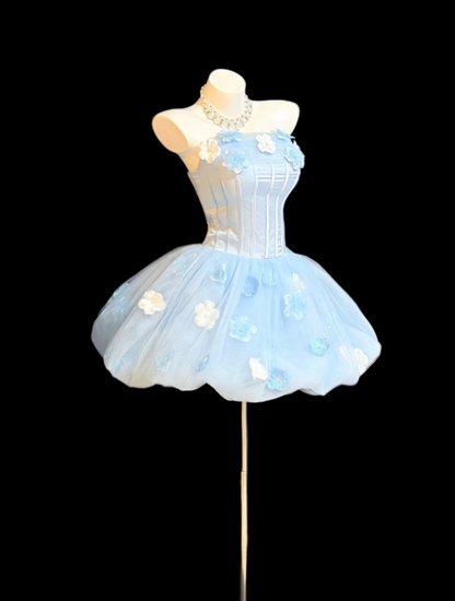 Cute Ball Gown Strapless Light Sky Blue With 3D Flowers Mini Senior Inspo Short Birthday 19th Party Outfits Homecoming Dresses RB3113