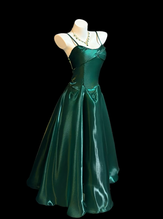 Modest A line Spaghetti Strap Dark Green Birthday Dress Sleeveless Evening Prom Formal Dresses RB3115