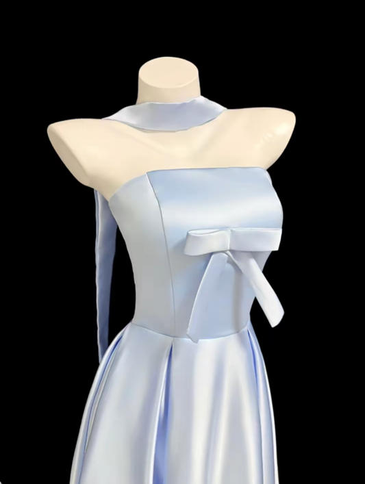 Modest A line Strapless Light Sky Blue Satin Birthday Dress Sleeveless Evening Prom Formal Dresses RB3116