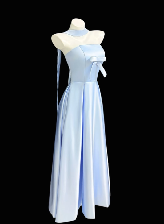 Modest A line Strapless Light Sky Blue Satin Birthday Dress Sleeveless Evening Prom Formal Dresses RB3116