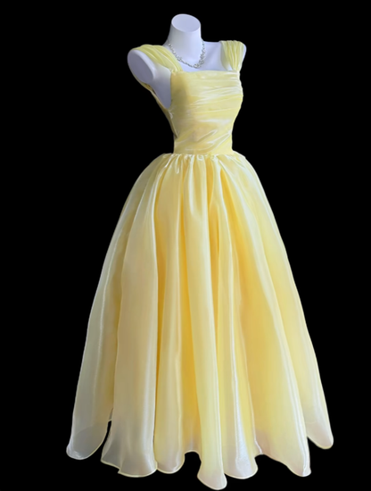 Modest Ball Gown Square Neck Yellow Birthday Dress Sleeveless Evening Prom Formal Dresses RB3123