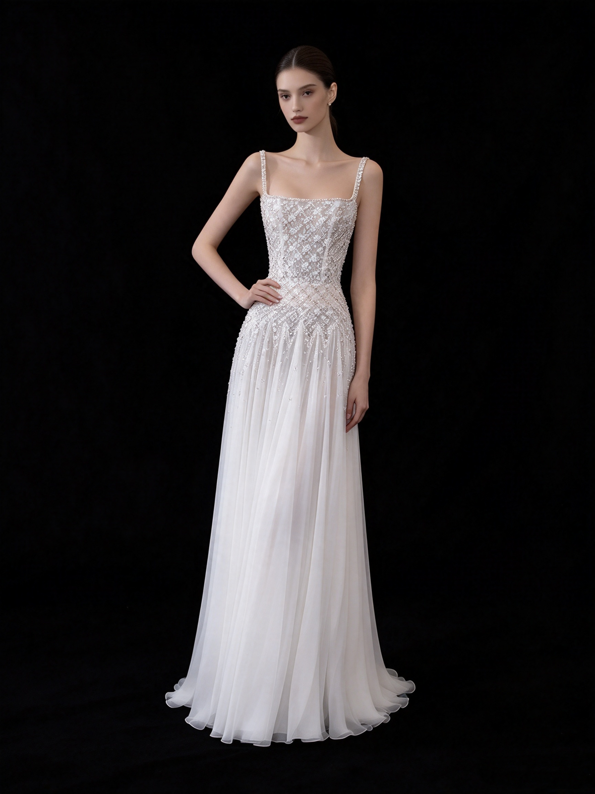 Sparkly A line Square White Tulle With Beading Long Prom Dresses Inspo Evening Outfits RB4320