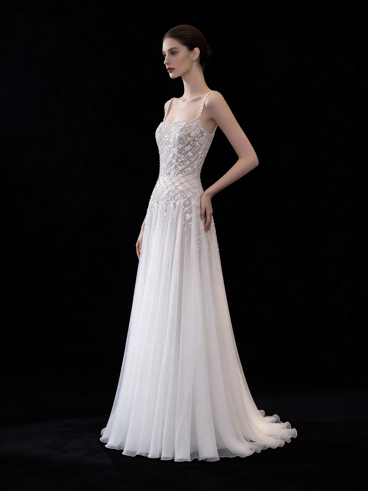 Sparkly A line Square White Tulle With Beading Long Prom Dresses Inspo Evening Outfits RB4320