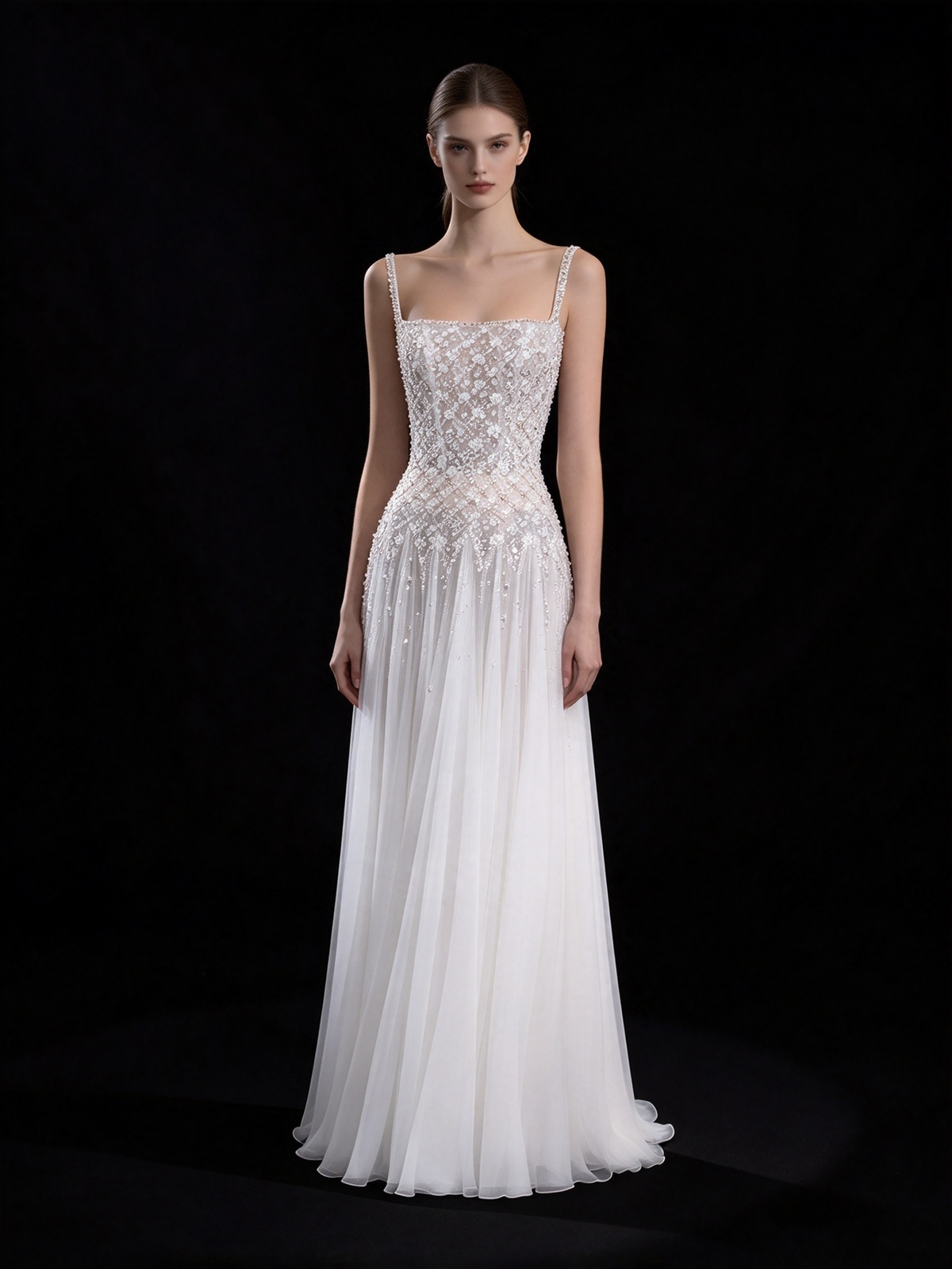 Sparkly A line Square White Tulle With Beading Long Prom Dresses Inspo Evening Outfits RB4320