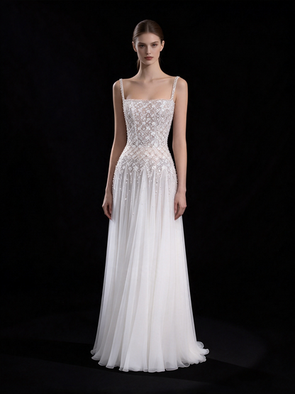 Sparkly A line Square White Tulle With Beading Long Prom Dresses Inspo Evening Outfits RB4320