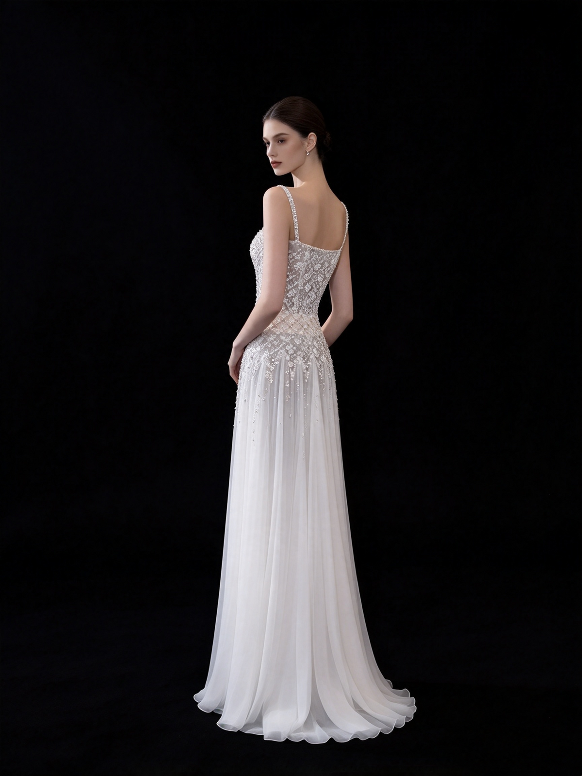 Sparkly A line Square White Tulle With Beading Long Prom Dresses Inspo Evening Outfits RB4320